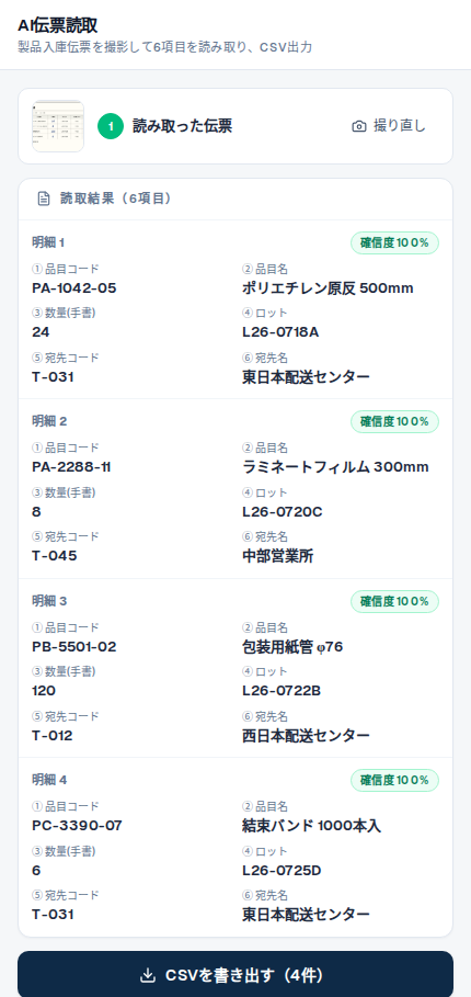 入庫伝票から品目・数量・ロットなど6項目を読み取り、CSVを書き出せる画面