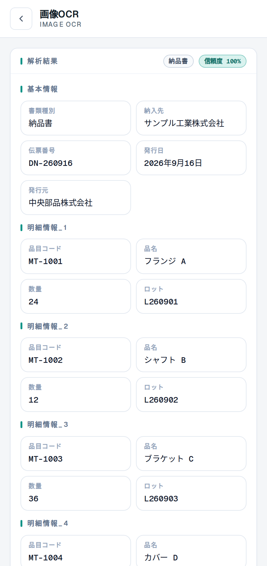 納品書を読み取り、品目・数量・ロットをデータ化したAIスキャナの画面